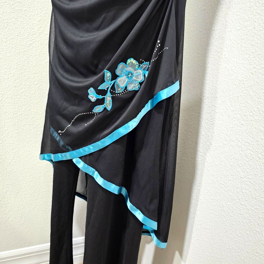 Embroidered Black Teal Sequins Sheer Jumpsuit Womens Med Floral Boho Fairy Goth